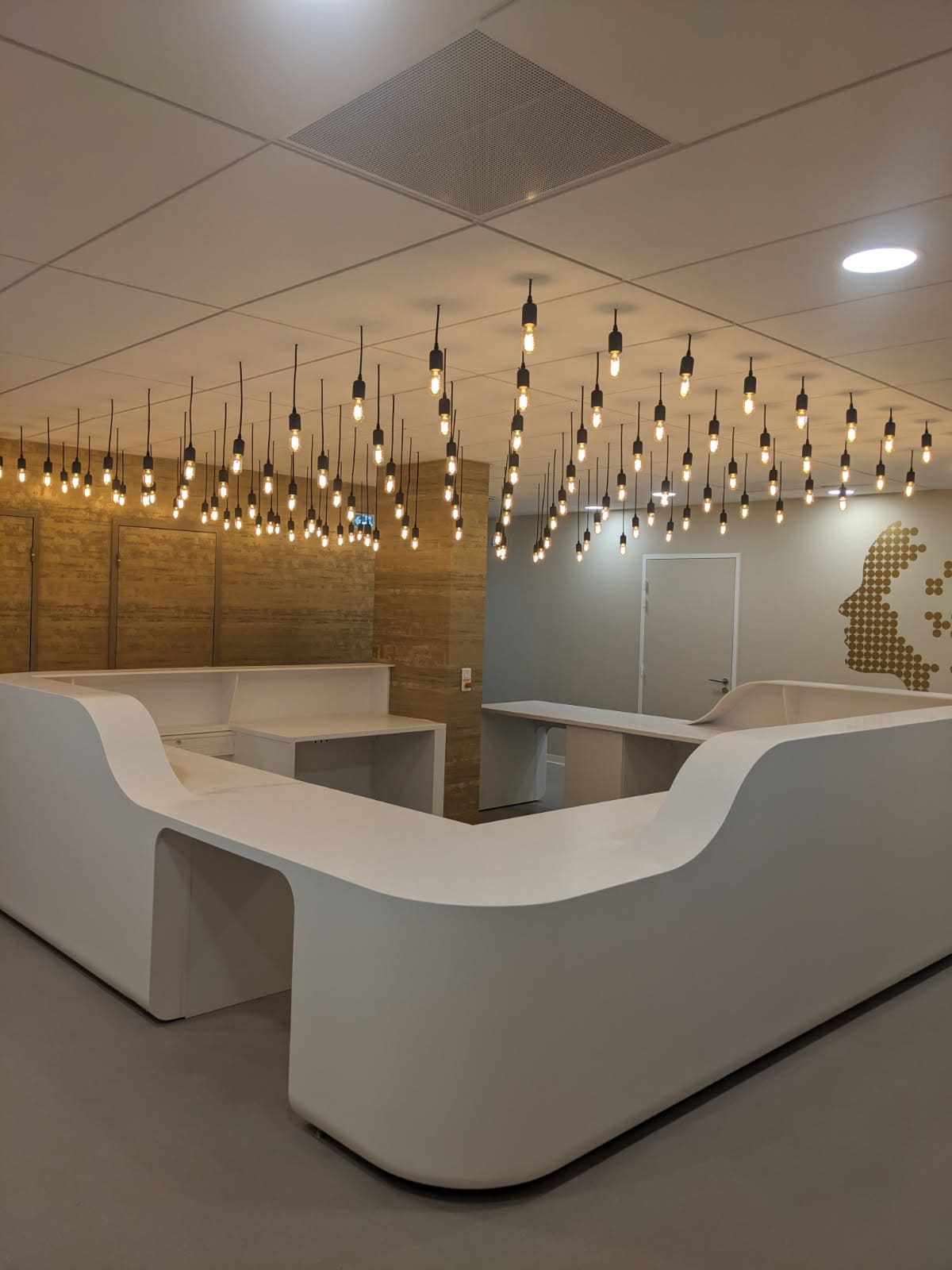 Espace d'accueil design avec suspensions lumineuses